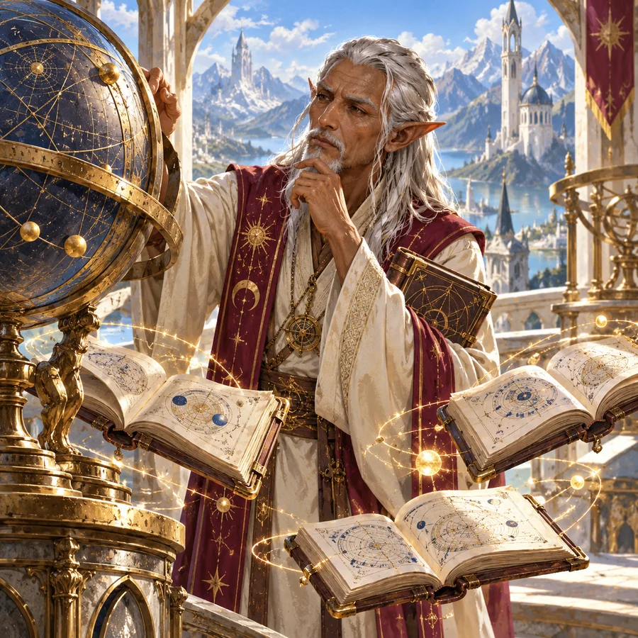 An elven wizard studying a luminous spell